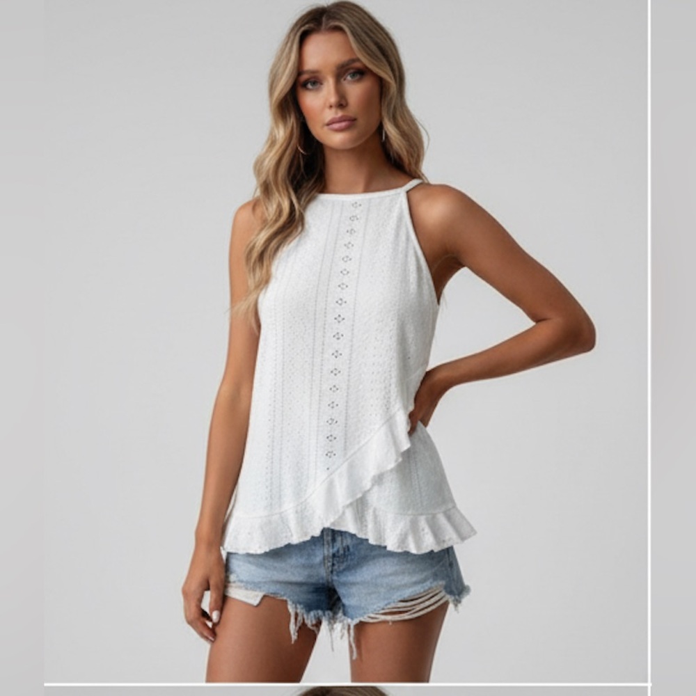 LAST ONE 🔥 White Eyelet Embroidery Ruffle Trim Halter Top